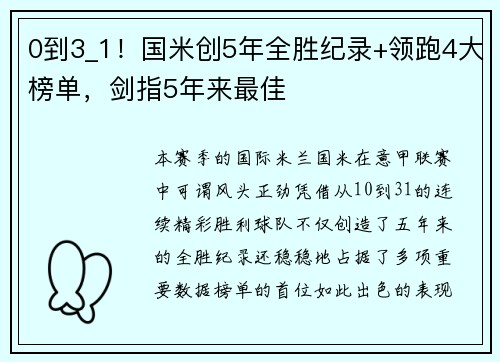 0到3_1！国米创5年全胜纪录+领跑4大榜单，剑指5年来最佳