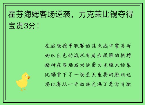 霍芬海姆客场逆袭，力克莱比锡夺得宝贵3分！