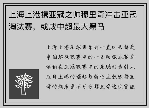 上海上港携亚冠之帅穆里奇冲击亚冠淘汰赛，或成中超最大黑马