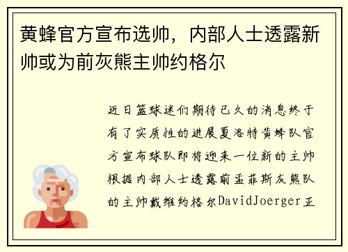 黄蜂官方宣布选帅，内部人士透露新帅或为前灰熊主帅约格尔