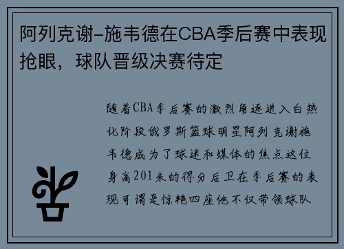 阿列克谢-施韦德在CBA季后赛中表现抢眼，球队晋级决赛待定